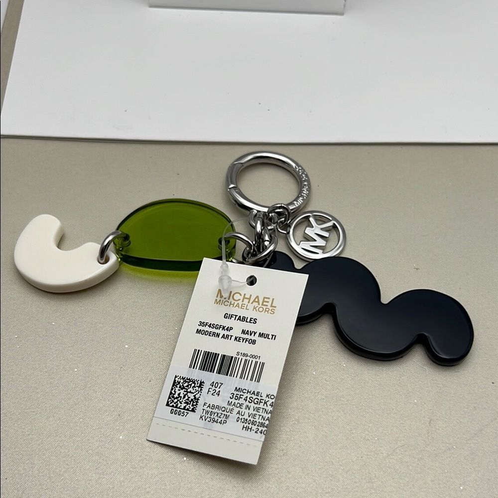 Michael Kors Black, Cream and Green Keychain 5” H Silver Hardware NWT